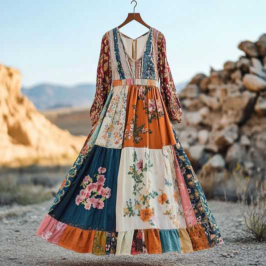 Women's Vintage Bohemian Applique Art Cotton And Linen Dress artswardrobe