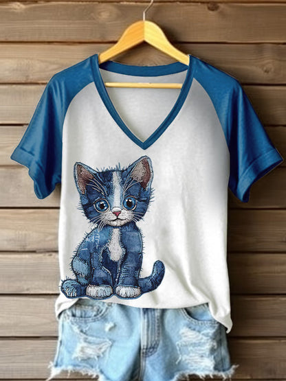 Women's Retro Funny Denim Patch Animal Cat Print Raglan Short Sleeve T-shirt artswardrobe