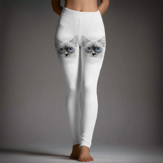 Comstylish Cute Cat Face Art Pattern Cozy Knit Leggings