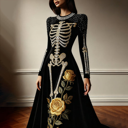 Comstylish Women's Halloween Yellow Rose Skeleton Velvet Crew Neck Maxi Dress