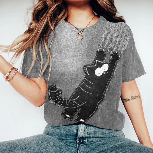 Retro Fun Lovely Black Cat Applique Art Crewneck Cozy T Shirt elevenforest