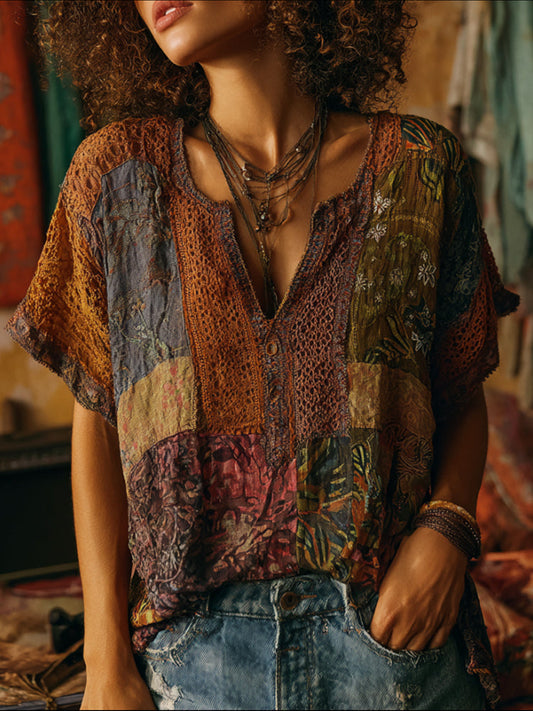 Bohemian-style Patchwork And Embroidery V-neck Short-sleeved Shirt artswardrobe