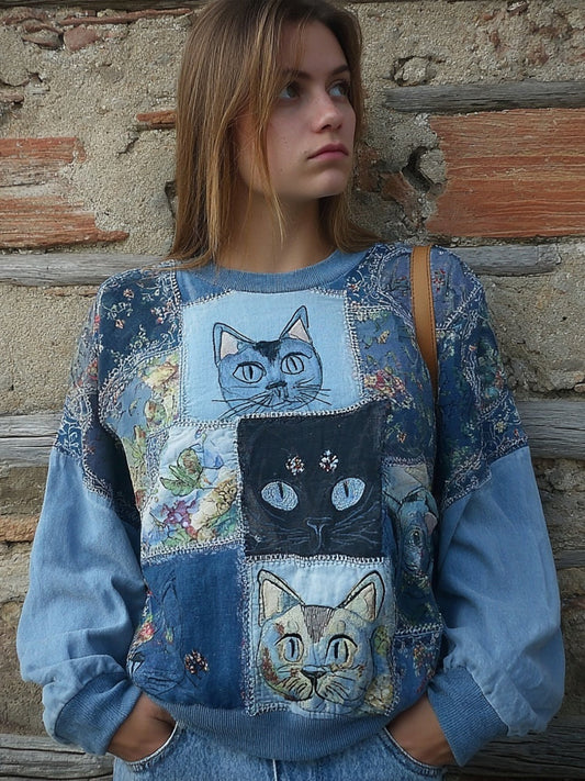 Comstylish Cute Cats Boho Floral Embroidered Patchwork Cozy Sweatshirt