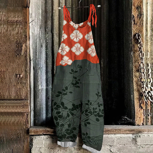 Comstylish Japanese Art Flower Print Casual Jumpsuit