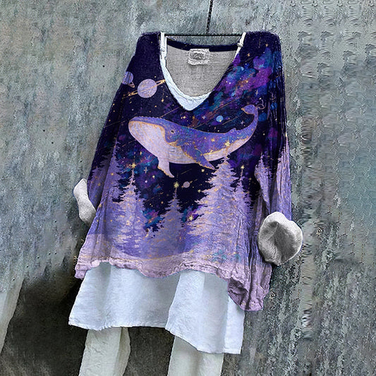 Vintage Fantasy Whale In Forest Dreamy Art Pattern Linen Blend Tunic artswardrobe