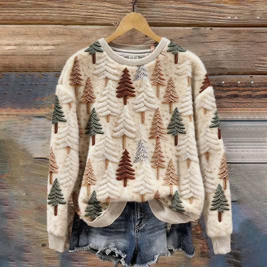 Comstylish Women's Christmas Tree Embroidered Cozy Crew Neck Plush Sweatshirt