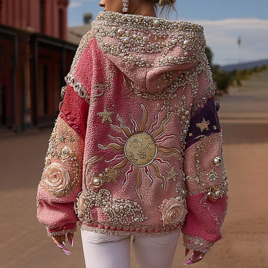Comstylish Star Moon Pearl Embroidered Hoodie