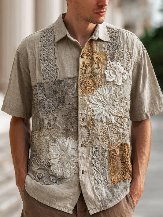 Men's Boho Floral Lace Embroidered Patchwork Linen Shirt artswardrobe