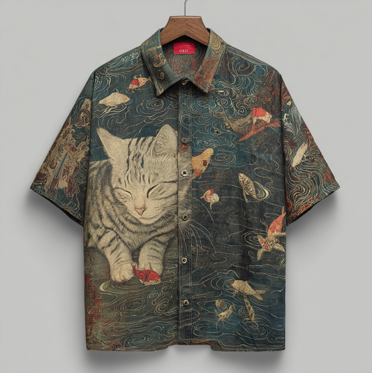 Japanese Art Style Fun Cat Elements Men's Short Sleeve Shirt elevenforest