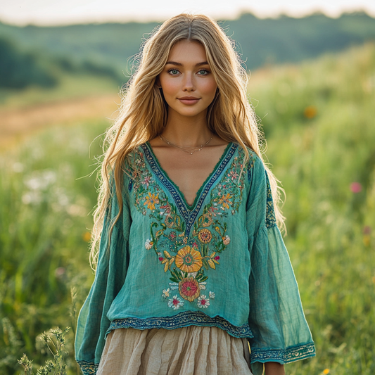 Vintage Floral Embroidery Linen V-neck Shirt artswardrobe