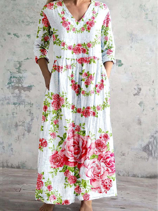 Women's V Neck Art Rose Floral Pattern Dress With Pockets
