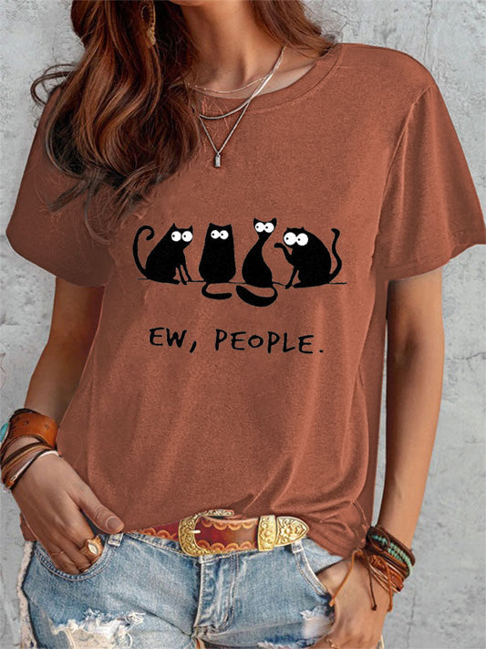 Comstylish Ew,People Black Cat Print T-shirt