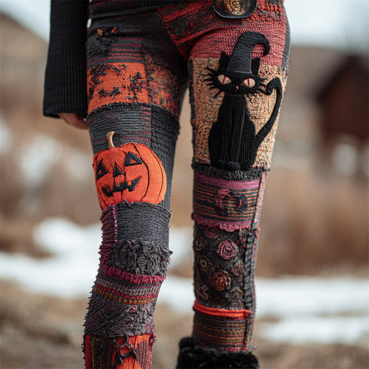 Halloween Black Cat & Pumpkin Patchwork Art Women's Knit Leggings elevenforest