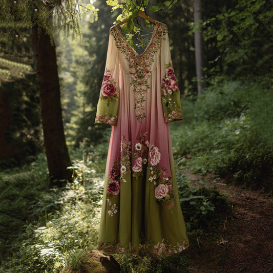 Classy Gradient Pink Roses Cancer Awareness Embroidered Linen Maxi Dress artswardrobe