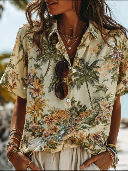 Comstylish Hawaiian-style Floral Lapel Short-sleeved Shirt