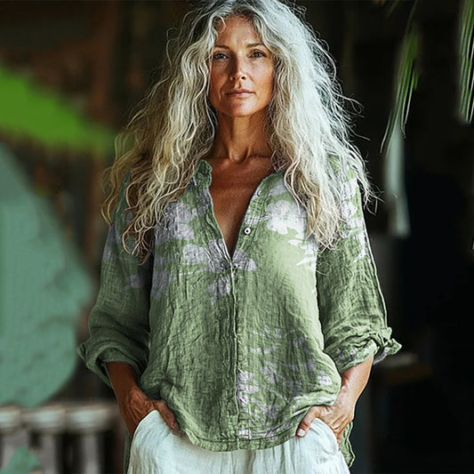 Bohemian Style Linen Floral Art Print  Long Sleeve Shirt artswardrobe