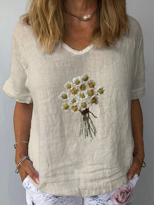 Comstylish Wild Flower Embroidered Linen Women's Loose Shirt