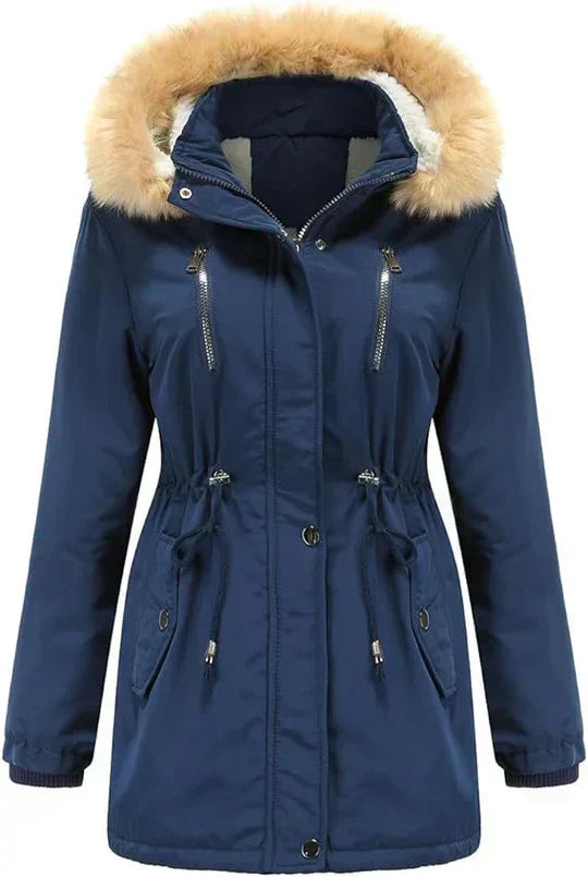 LM | long coat with faux fur hood and fleece lining