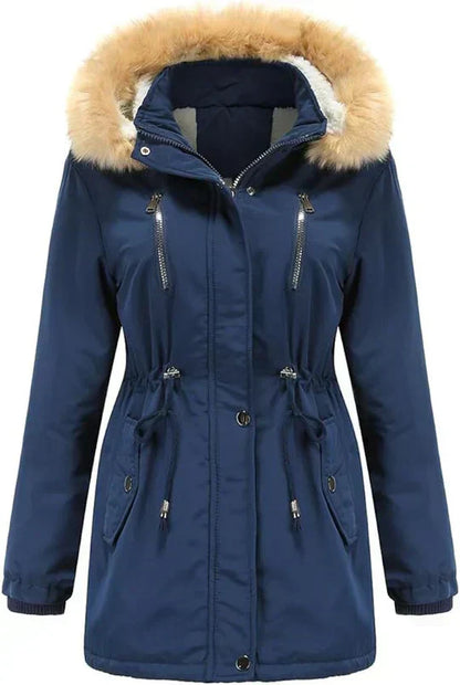 LM | long coat with faux fur hood and fleece lining