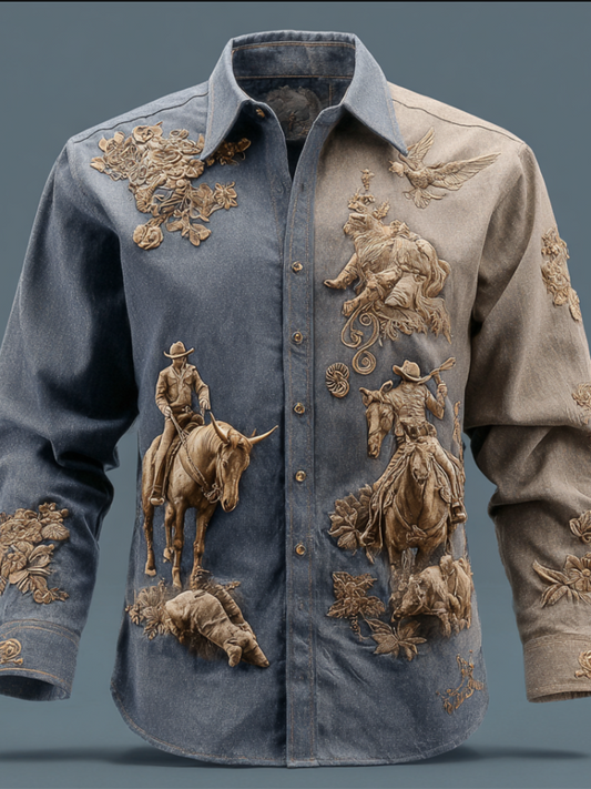 Western Cowboy Style Animal Elements Retro Cotton And Linen Men's Shirt artswardrobe