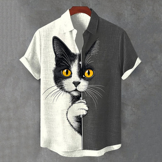 Men's  The Peeping Cat Colorblock Art Casual Short Sleeve Shirts elevenforest