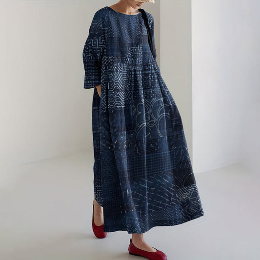 Comstylish Vintage Japanese Traditional Sashiko Art Cropped Print Casual Midi Dress