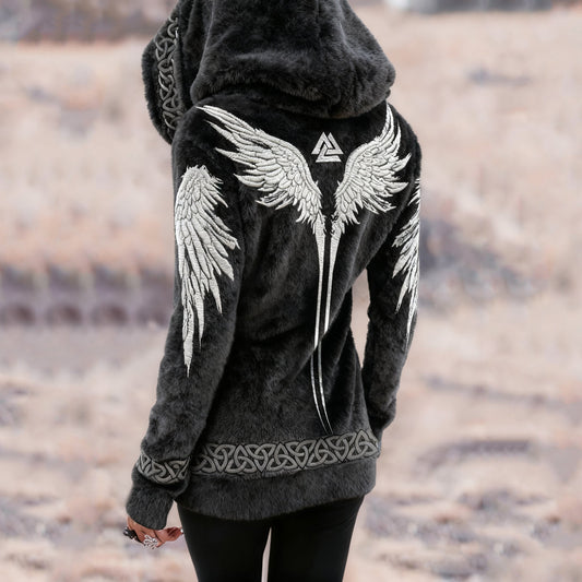 Comstylish Women's Vintage Viking Wings Art Knit Cozy Flannel Hoodie