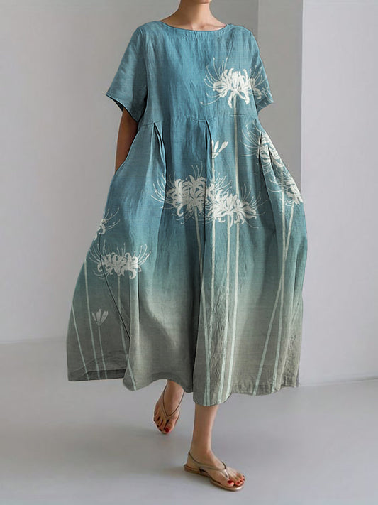 Comstylish Spider Lilies Gradient Japanese Art Linen Blend Maxi Dress