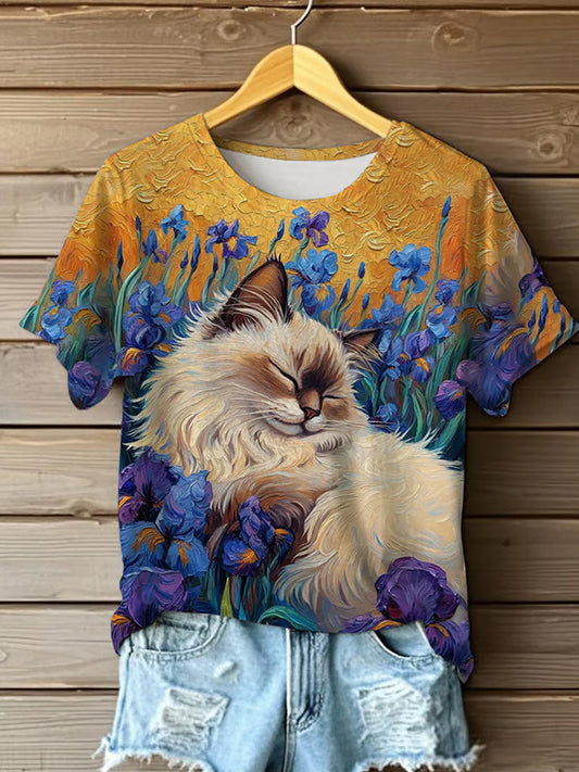 Comstylish Women's Oil Painting Cute Flowers Cat Print T-shirt