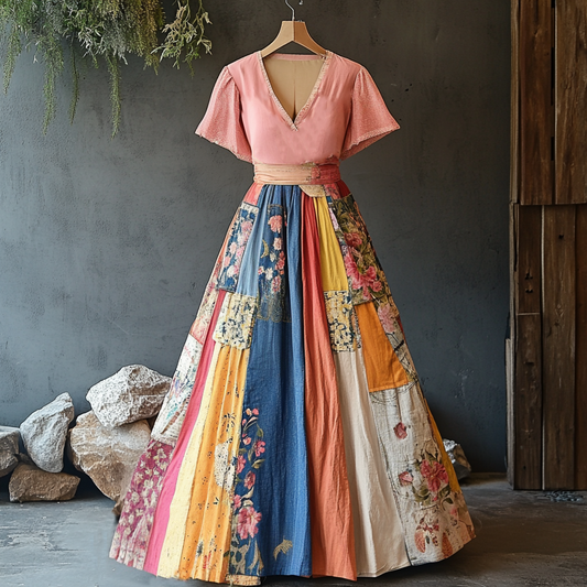 Retro Elegant Fashion Floral Patch V-neck Dress artswardrobe