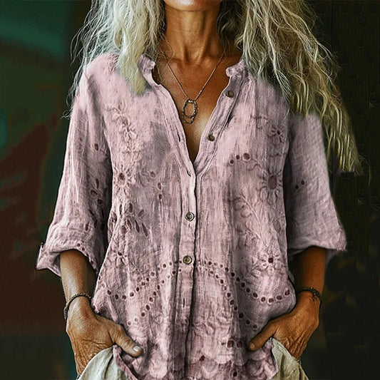 Women's Vintage Floral Textured Art Print Casual Cotton And Linen Shirt artswardrobe