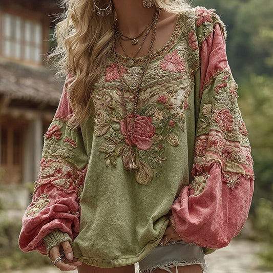 Comstylish Women's Retro Bohemian Rose Floral Stitching Warm Round Neck Sweatshirt