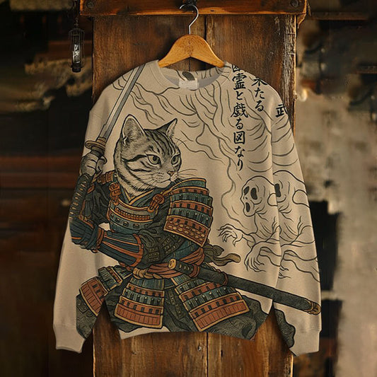 Men's Halloween Samurai Cat & Ghosts Art Print Casual Sweatshirt elevenforest