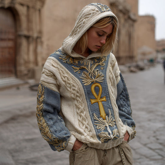 Comstylish Women's Ancient Egyptian Ankh And Lotus Knitted Hooded Sweater
