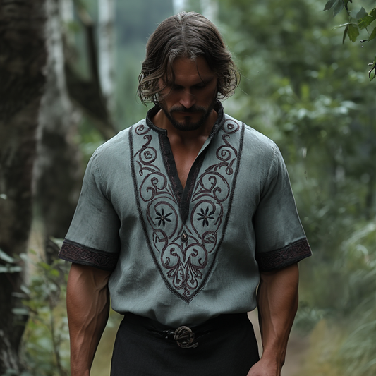 Men's Vintage Viking Flower Embroidery Print Shirt artswardrobe