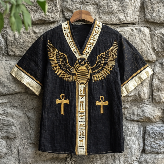 Egyptian Scarab Embroidered Men's Linen Shirt artswardrobe