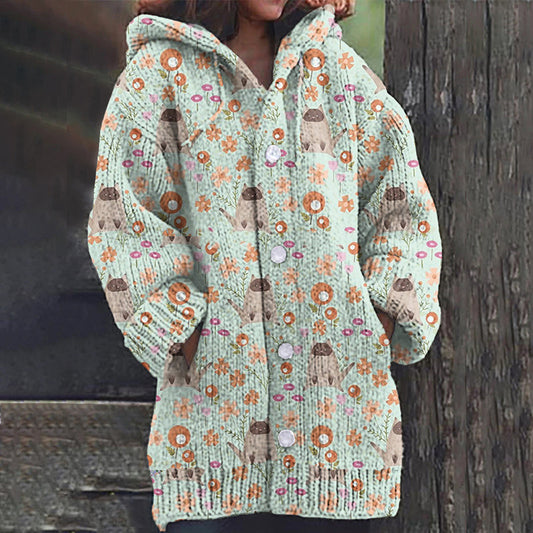 Cat Floral Print Women's Cardigan Sweater artswardrobe