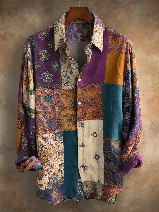 Western Style Bohemian Plant Flower Pattern Color Block Patchwork Retro Cotton And Linen Men's Shirt artswardrobe