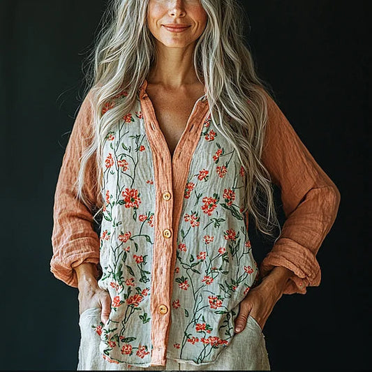 Women's Retro Loose Bohemia Floral  Contrast Panel  Print Casual Shirt artswardrobe