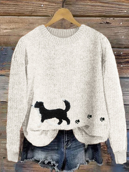 Comstylish Border Collie & Paw Prints Embroidered Cozy Sweater