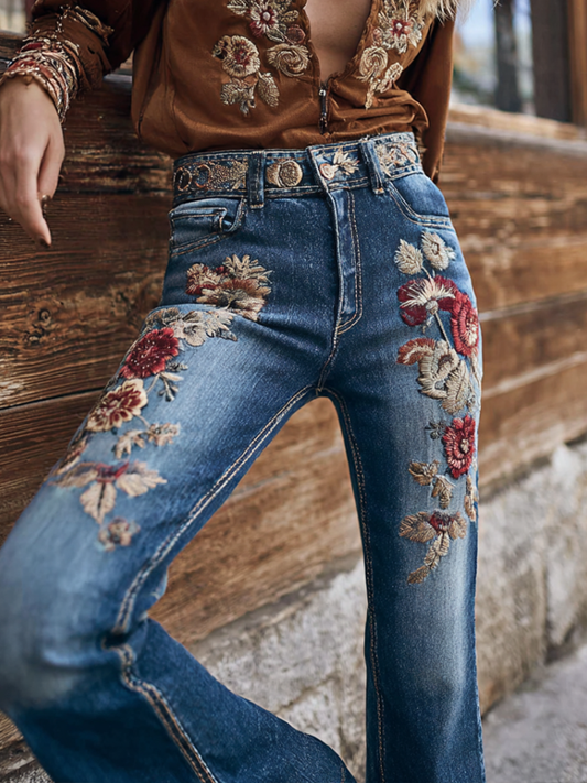 Comstylish Bohemian Western Cowboy Style Plant Flower Embroidery Women's Skinny Jeans