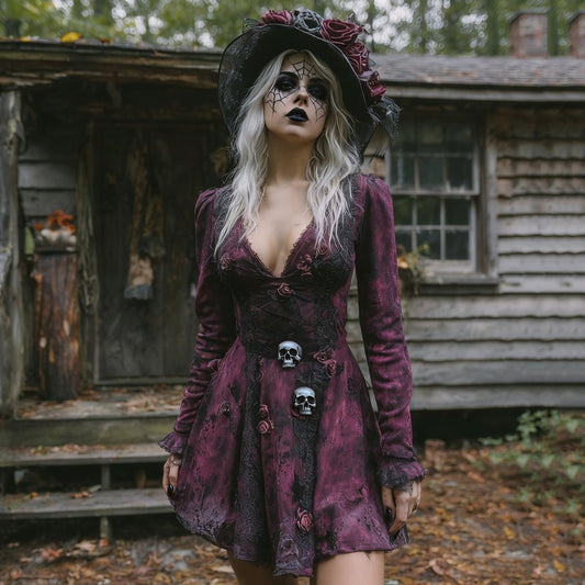 Comstylish Women's Halloween Rose Skeleton Witch Cosplay Midi Dress