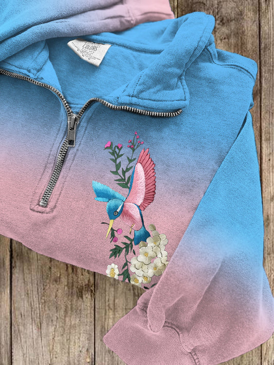 Comstylish Trans Pride Flower & Bird Embroidery Women's Half Zipper Sweatshirt