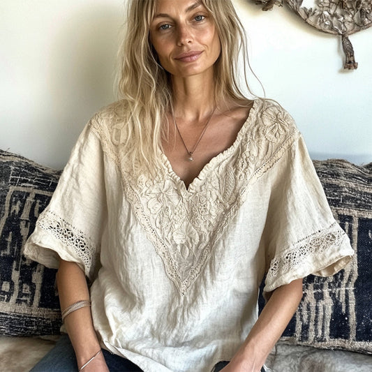 Comstylish Vintage Lace Art Cotton Linen V Neck Comfy Shirt