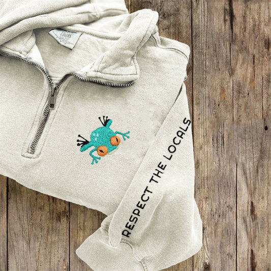 Comstylish Respect The Locals Frog Embroidered Zip Up Sweatshirt