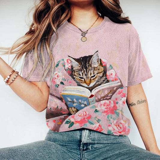 Tabby Cat Book Lover Print Crew Neck T-shirt elevenforest