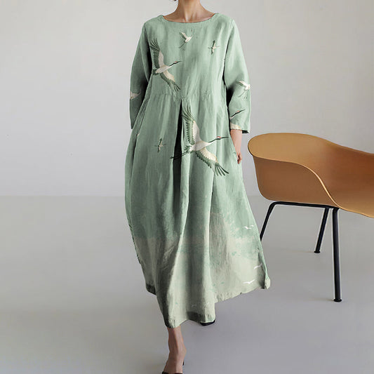 Comstylish Casual Crane Print Long Sleeve Cozy Linen Blend Midi Dress