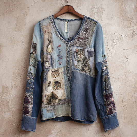 Comstylish Shabby Patchwork Denim Cat With Sequins Women's V-neck Long Sleeve T-shirt