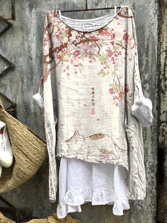 Vintage Floral&Cat Print Linen Crew Neck Shirt elevenforest
