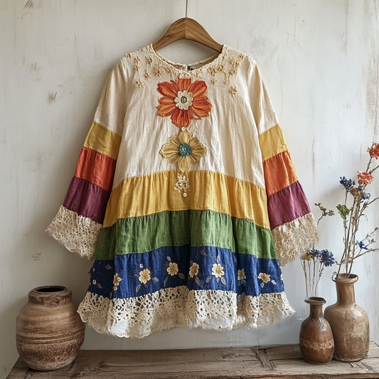 Comstylish Vintage Bohemian Floral Rainbow Linen Shirt